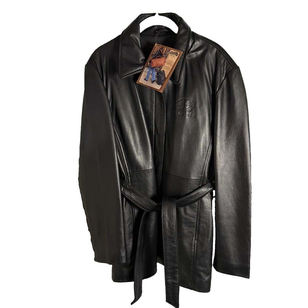 NWT -VTG Canyon Outback Black Leather Belted Trench Jacket Embossed Eagle Mens L